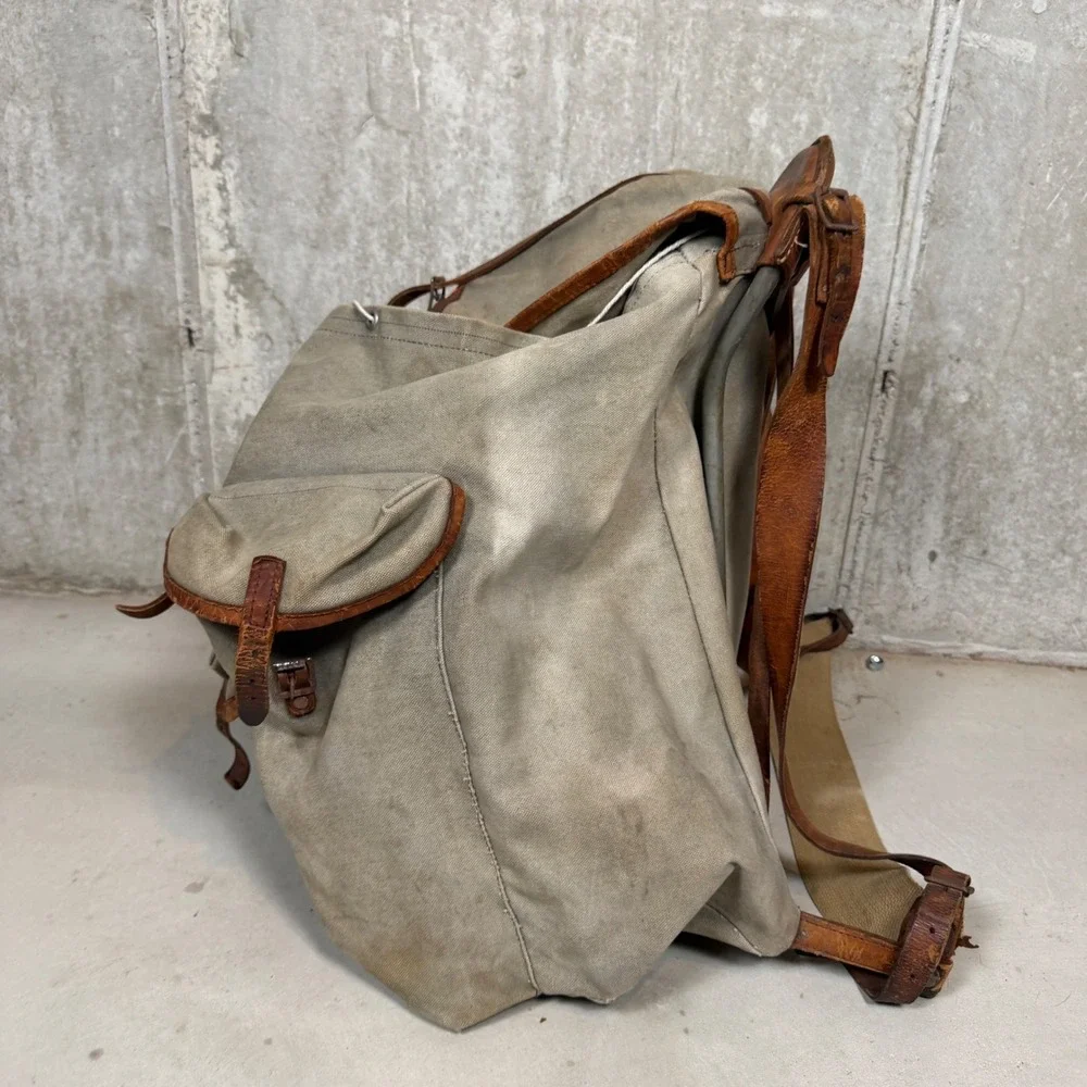 Vintage 50s Military Canvas Rucksack Leather Trim Backpack Olive Drab Norway